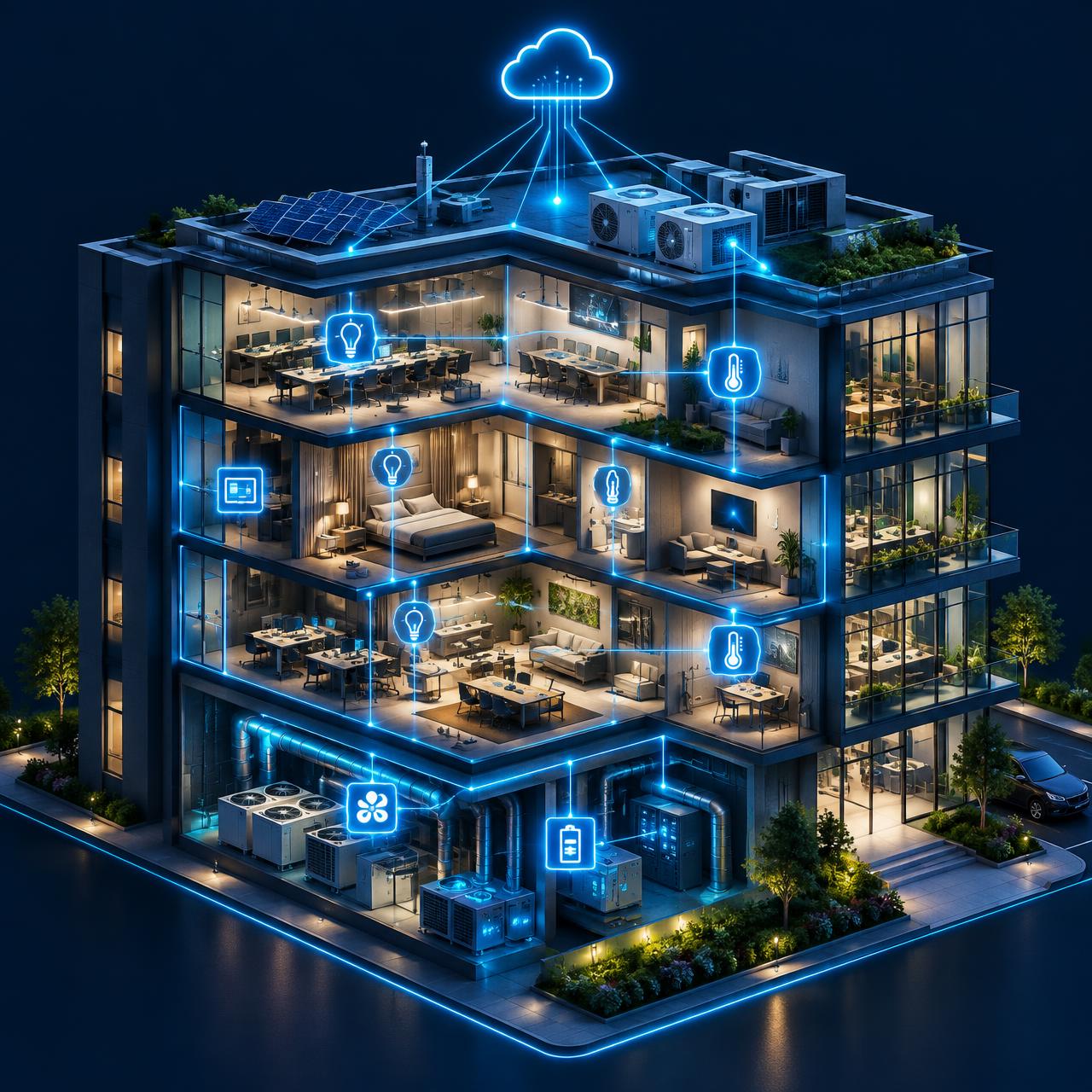 Smart building with connected lighting, climate, energy and cloud systems